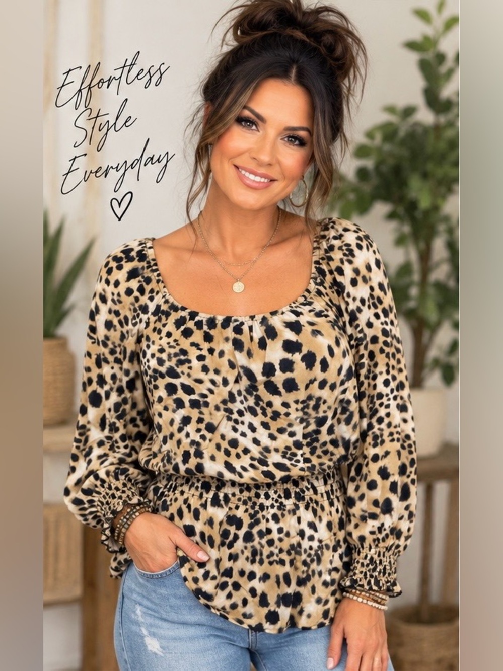 Cato M Leopard Animal Print Smocked Waist Peasant Blouse A36